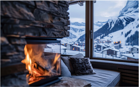 Cozy Ski Chalet Fireplace Image.